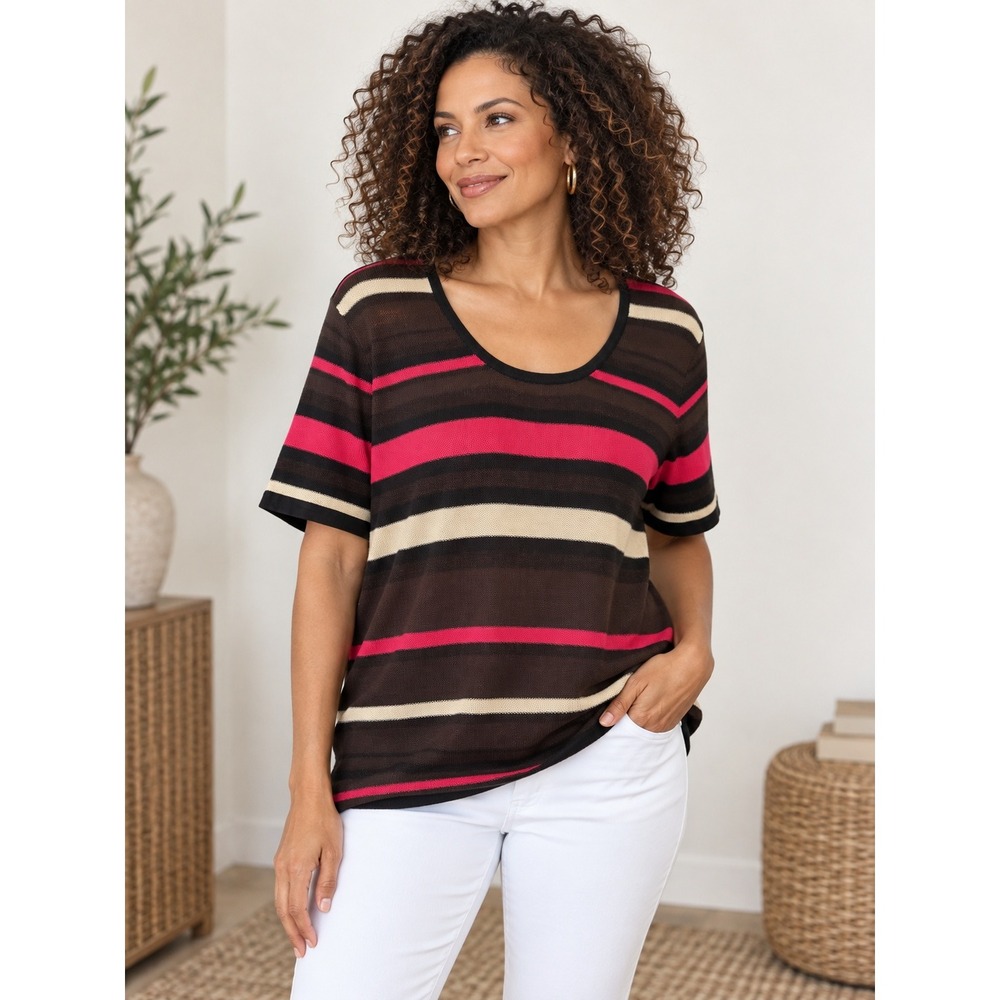 Charter Club Sweater Women 2X Brown Pink Striped Silk Linen Short Sleeve Top